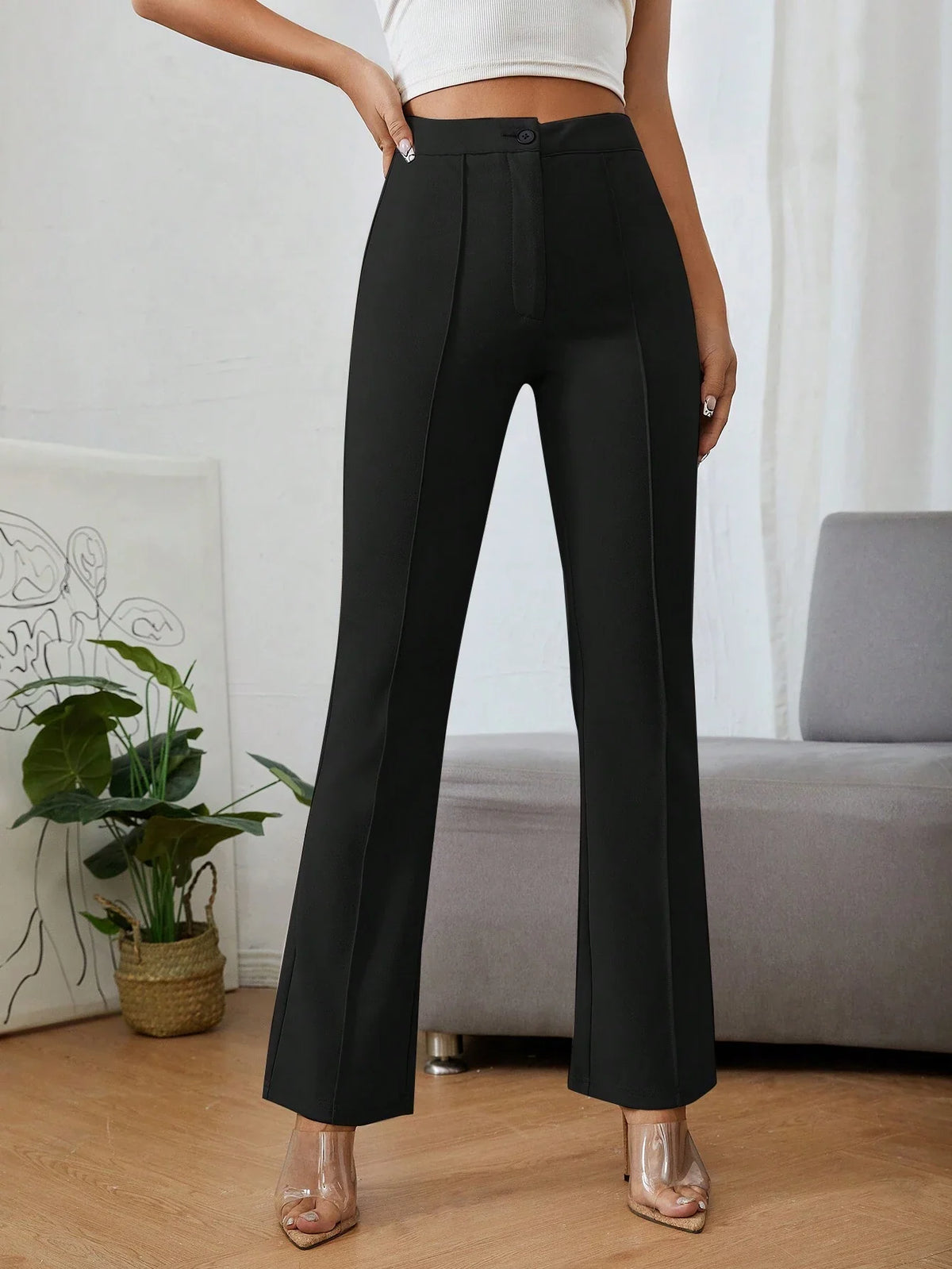 Pantaloni Svasati Casual Comodi In Tinta Unita