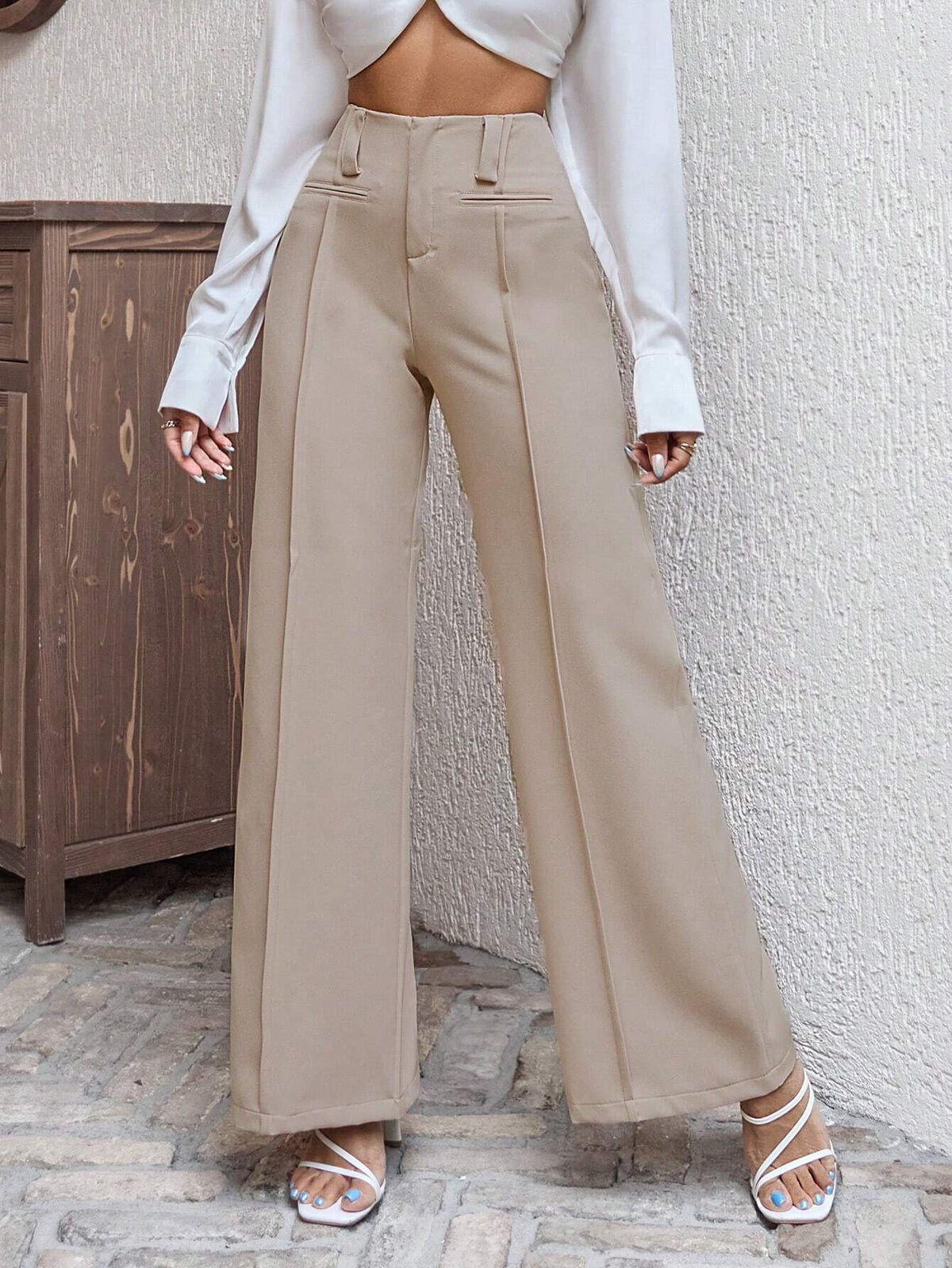 Pantaloni a gamba larga intrecciati con tasche simulati anteriore