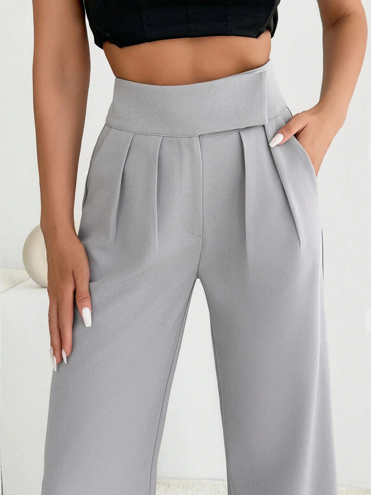 Pantaloni a gamba larga da donna in colore unito con tasche, casual