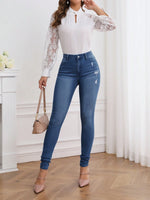 Jeans Strappati Tinta Unita Da Donna