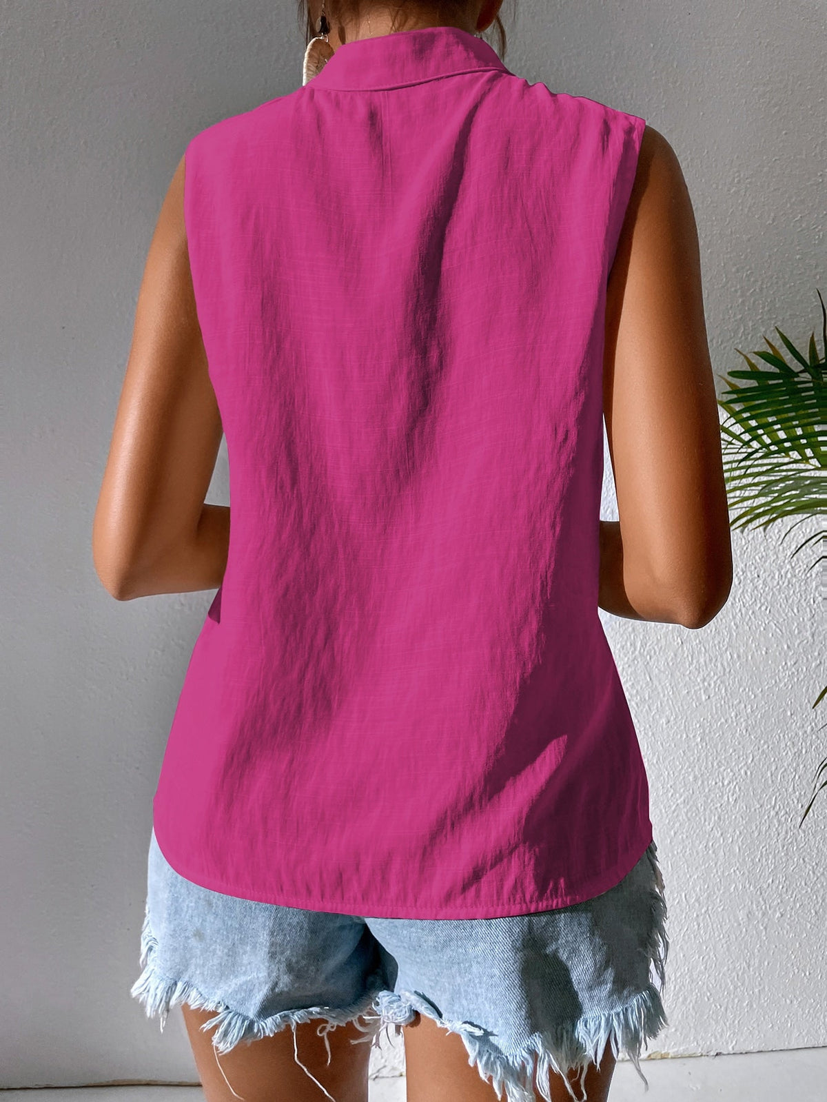 Camicia estiva senza maniche casuale per le vacanze con collo alla coreana ricamato