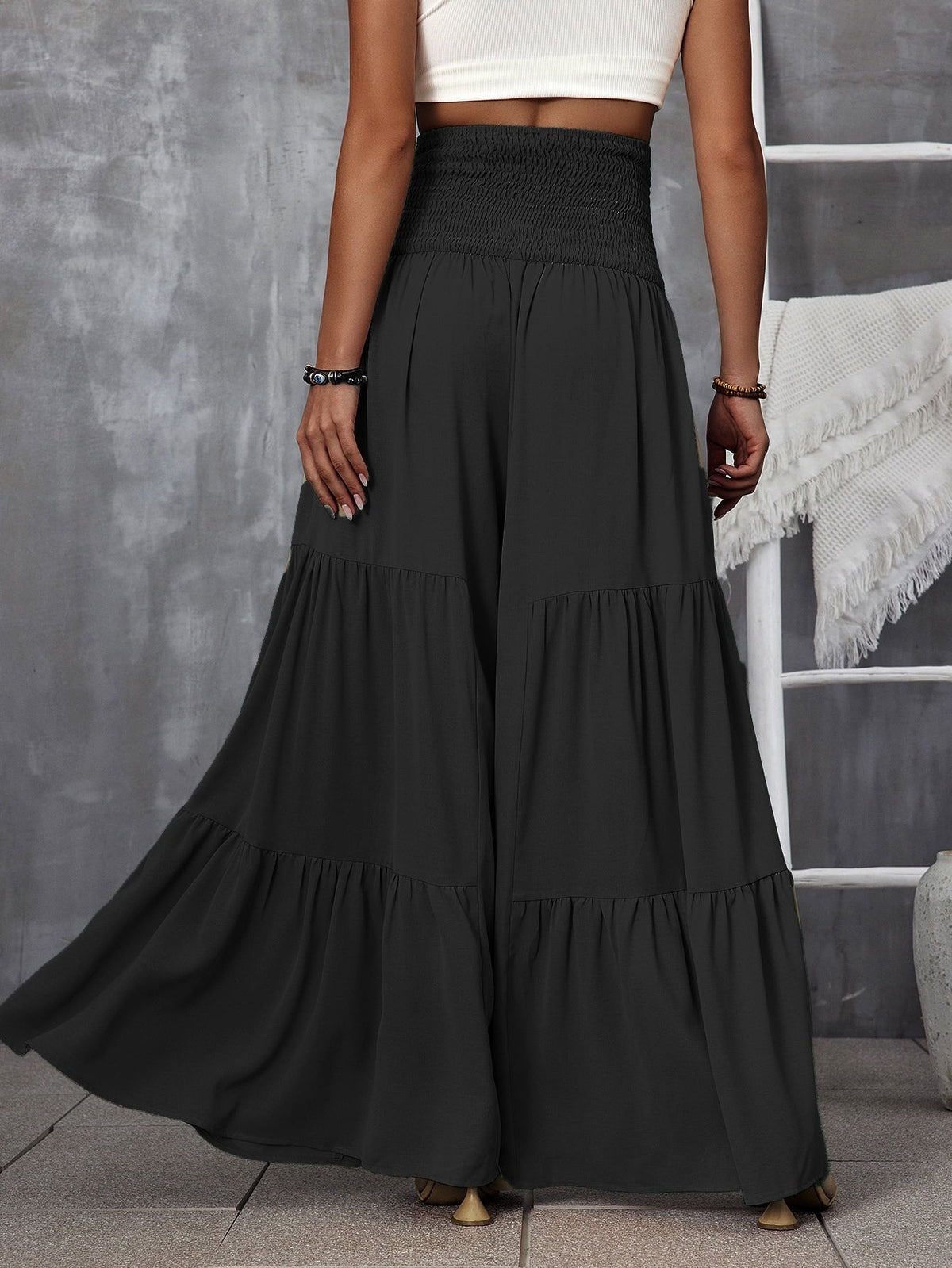 Pantaloni a gamba larga vita arricciata nodo frontale con volant