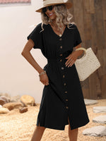 Abito Casual Con Design Con Bottone A V-neck Per Donne - Cinched Vita