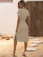 Abito Casual Con Design Con Bottone A V-neck Per Donne - Cinched Vita