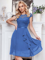 Abito cocktail svasato pizzo floreale corpetto con bordo a volant festa