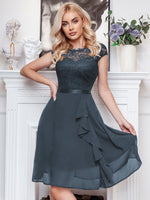 Abito cocktail svasato pizzo floreale corpetto con bordo a volant festa