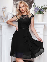 Abito cocktail svasato pizzo floreale corpetto con bordo a volant festa