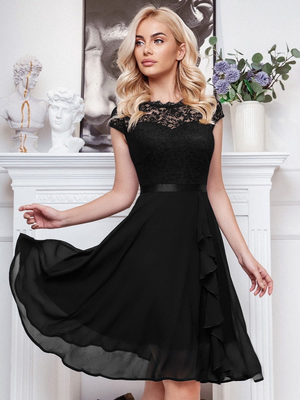 Abito cocktail svasato pizzo floreale corpetto con bordo a volant festa