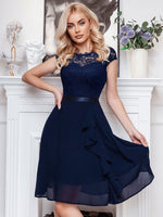 Abito cocktail svasato pizzo floreale corpetto con bordo a volant festa