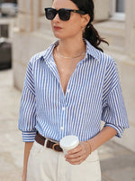 Camicia con spalla cadente camicia a righe a maniche lunghe da donna