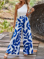 Completo Donna Con Motivo Stampa Albero Di Foglie, Con Top A Spalle Scoperte E Pantaloni Lunghi