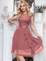 Abito cocktail svasato pizzo floreale corpetto con bordo a volant festa