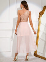 Abito incrociato monospalla paillette a contrasto