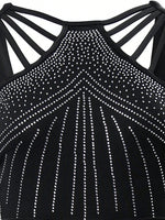 Tuta nera senza maniche con schiena scoperta, con Strass, sottili spalline e cintura con design collo a sciarpa