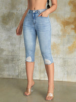 Pantaloni a 3/4 skinny con tasche oblique, vita alta con strappi e orlo grezzo per strada, pantaloni estivi per attivitˆ all"aperto