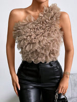 Top monospalla tulle a contrasto stratificato con bordo a volant