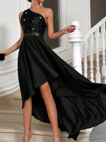 Vestito Aderente Con Spalla Obliqua Da Donna, Abbellimento Con Paillettes A Patchwork Asimmetrico Ed Orlo Sbieco