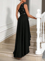 Vestito Aderente Con Spalla Obliqua Da Donna, Abbellimento Con Paillettes A Patchwork Asimmetrico Ed Orlo Sbieco