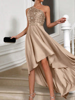 Vestito Aderente Con Spalla Obliqua Da Donna, Abbellimento Con Paillettes A Patchwork Asimmetrico Ed Orlo Sbieco