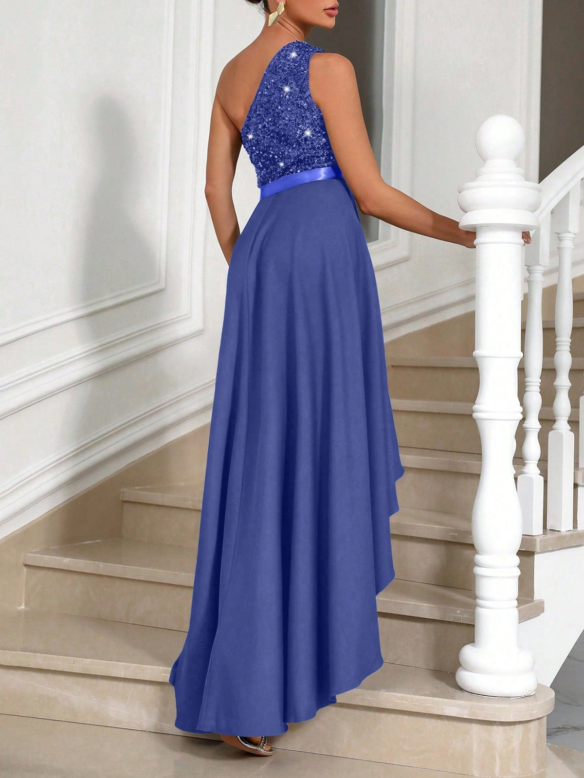 Vestito Aderente Con Spalla Obliqua Da Donna, Abbellimento Con Paillettes A Patchwork Asimmetrico Ed Orlo Sbieco