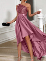 Vestito Aderente Con Spalla Obliqua Da Donna, Abbellimento Con Paillettes A Patchwork Asimmetrico Ed Orlo Sbieco