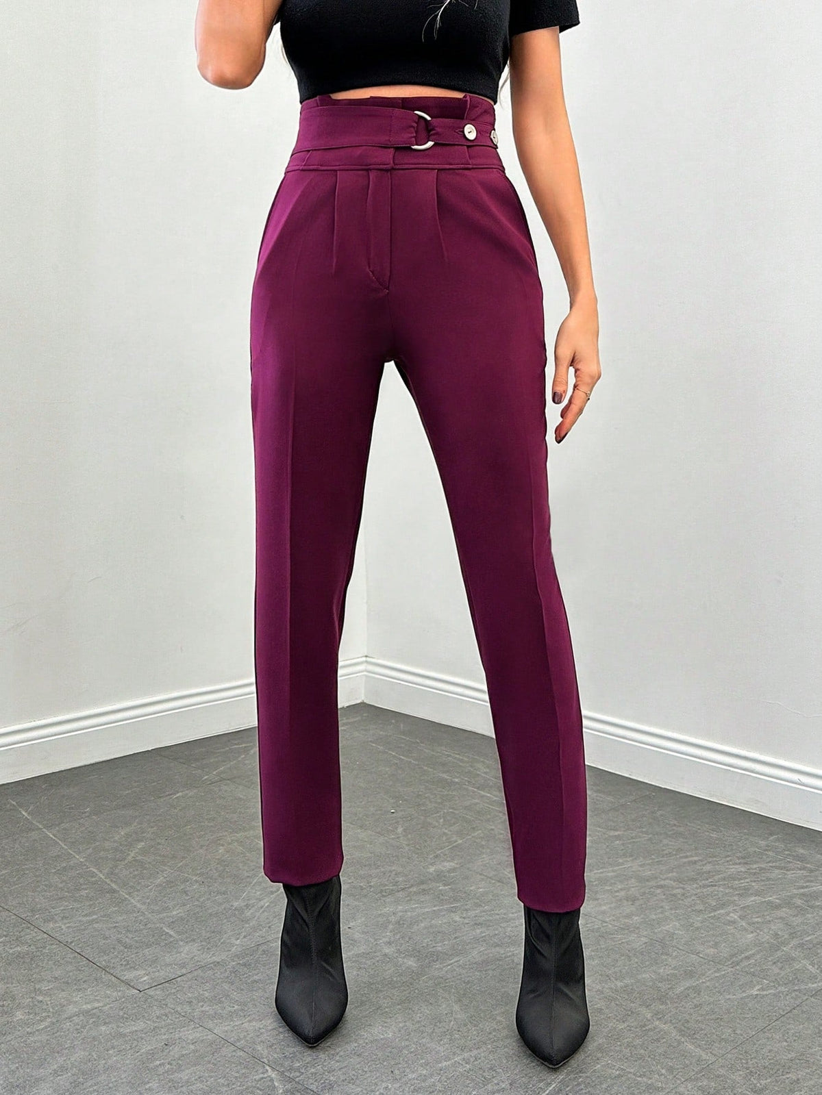 Pantaloni Lunghi Con Dettaglio Fibbia A Cerchio In Vita Alta Da Donna