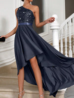 Vestito Aderente Con Spalla Obliqua Da Donna, Abbellimento Con Paillettes A Patchwork Asimmetrico Ed Orlo Sbieco