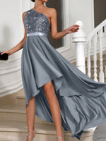 Vestito Aderente Con Spalla Obliqua Da Donna, Abbellimento Con Paillettes A Patchwork Asimmetrico Ed Orlo Sbieco