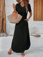 Abito A Due Pezzi Solido Con Scollo A V, Maniche Corte E Gonna Con Spacco Per Donne