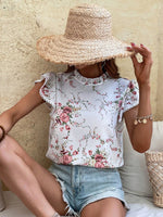 Camicetta con stampa floreale pizzo guipure a contrasto manica a farfalla collo arricciato