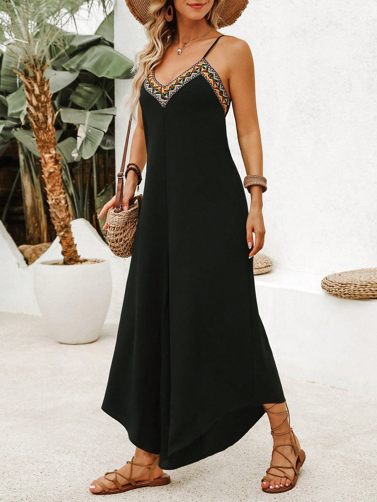 Tuta Con Salopette Geometrica Ricamata Con Spalline Per Le Vacanze