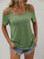 Maglietta casual estiva con spalle scoperte, maniche corte e colore solido per donne