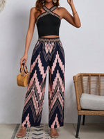 Top Corto Da Donna A Blocchi Di Colore Con Scollo All'americana E Pantaloni In Due Pezzi