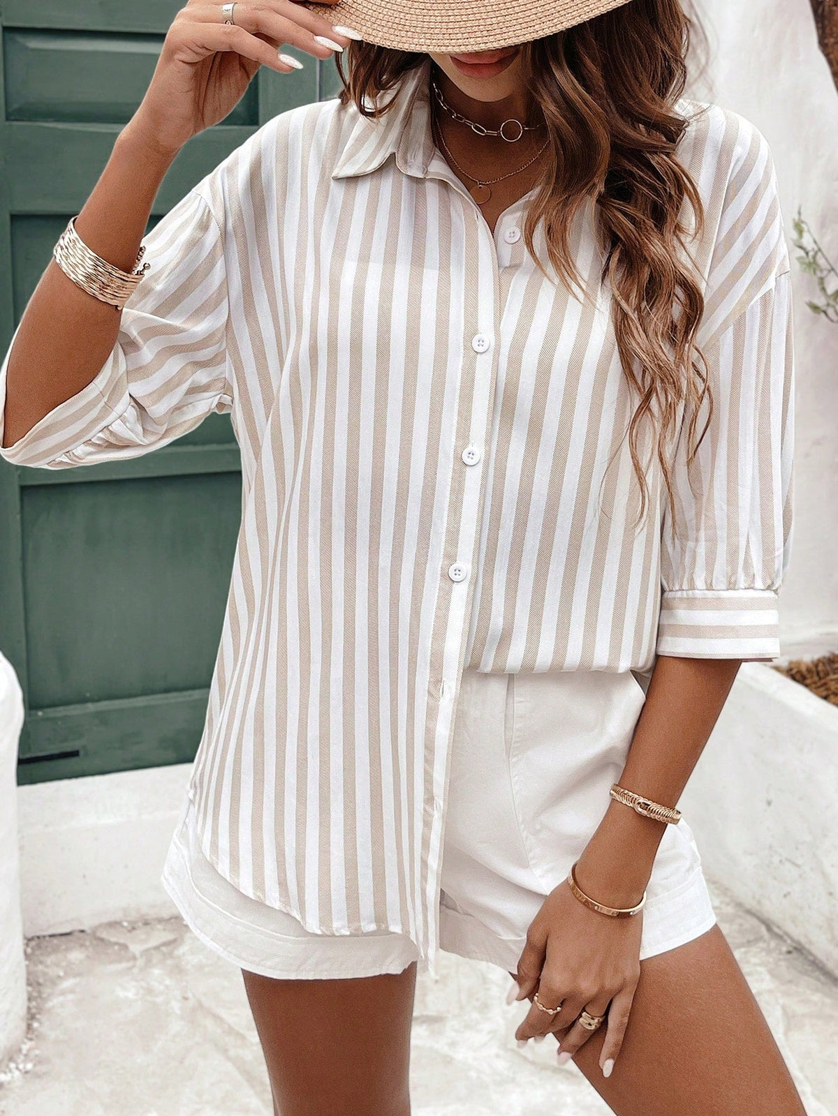 Camicia con spalla cadente camicia a righe a maniche lunghe da donna
