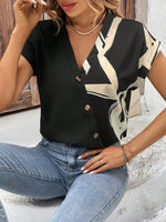Camicia Casual Da Donna A Maniche Corte Con Collo A V, Design A Bottoni E Stampa Di Giunzione