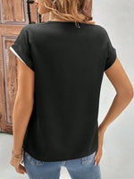 Camicia Casual Da Donna A Maniche Corte Con Collo A V, Design A Bottoni E Stampa Di Giunzione