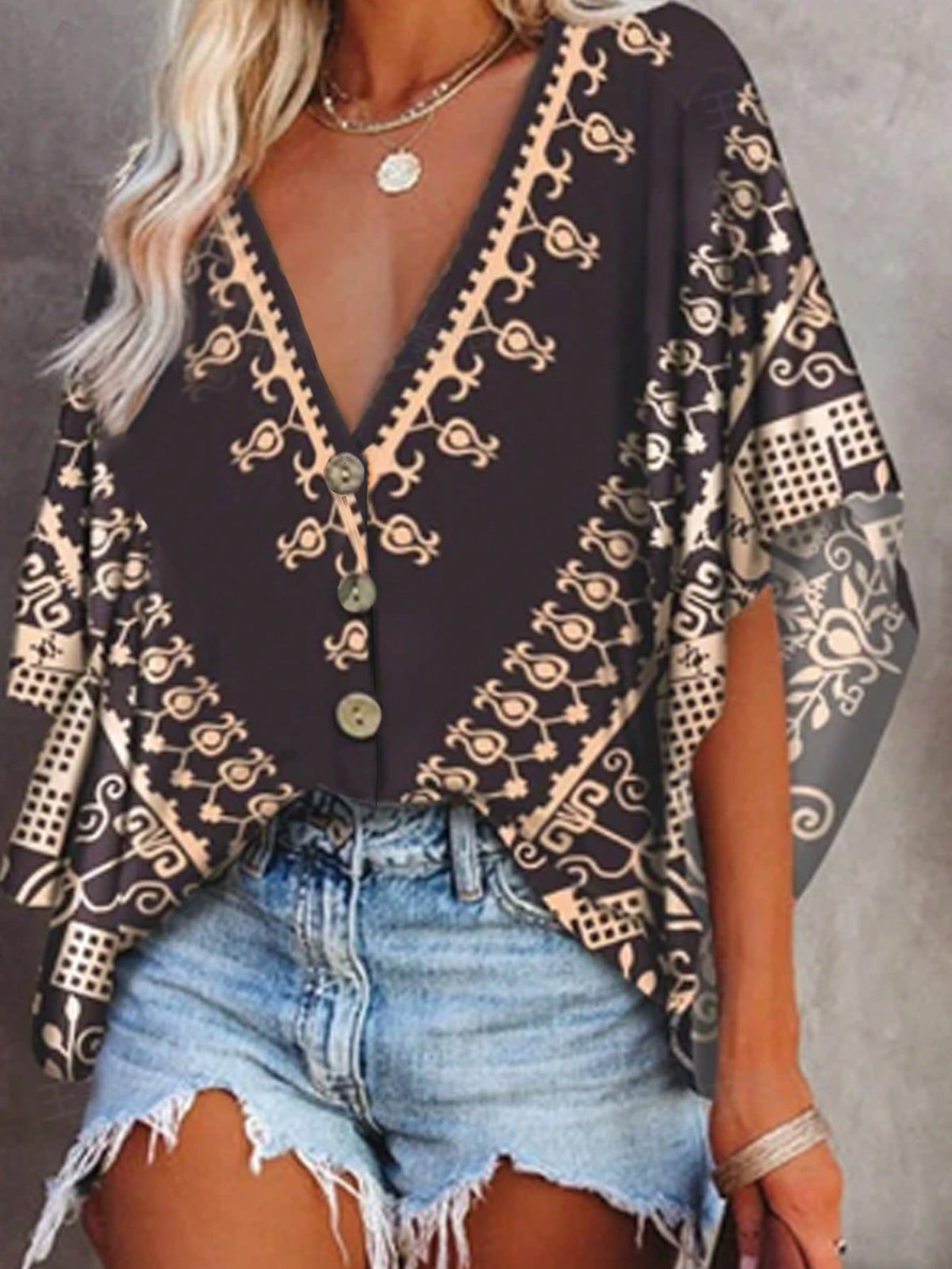 Camicia Da Donna A Manica Batwing Con Stampa, Scollo A V Profondo