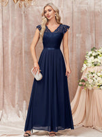 Abito da sera lungo elegante con scollo a V di pizzo, maniche a volant a balze