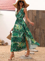 Abito Con Stampa Tropicale A Scollo A V Con Cintura E Spacco Anteriore
