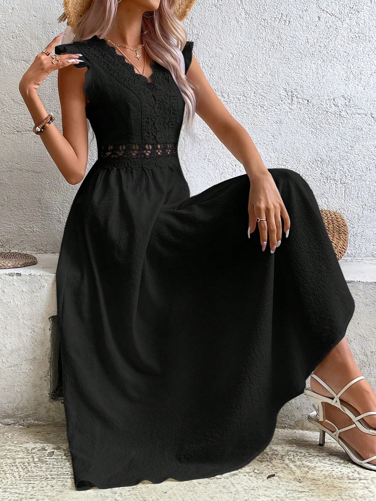 Vestito Da Pattinatore Con Maniche Svolazzanti In Pizzo A Patchwork A Tinta Unita Per Signore