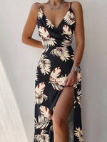 Vestito A Spaghetti Con Slipt Hem A Croce E Collo A V Stampato A Piante Per Le Vacanze