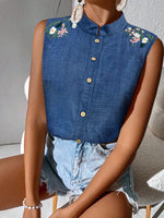Camicia estiva senza maniche casuale per le vacanze con collo alla coreana ricamato
