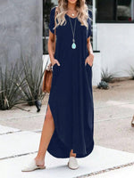 Abito A Due Pezzi Solido Con Scollo A V, Maniche Corte E Gonna Con Spacco Per Donne