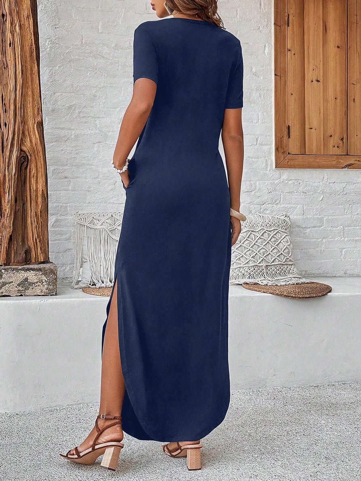 Abito A Due Pezzi Solido Con Scollo A V, Maniche Corte E Gonna Con Spacco Per Donne