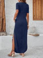 Abito A Due Pezzi Solido Con Scollo A V, Maniche Corte E Gonna Con Spacco Per Donne