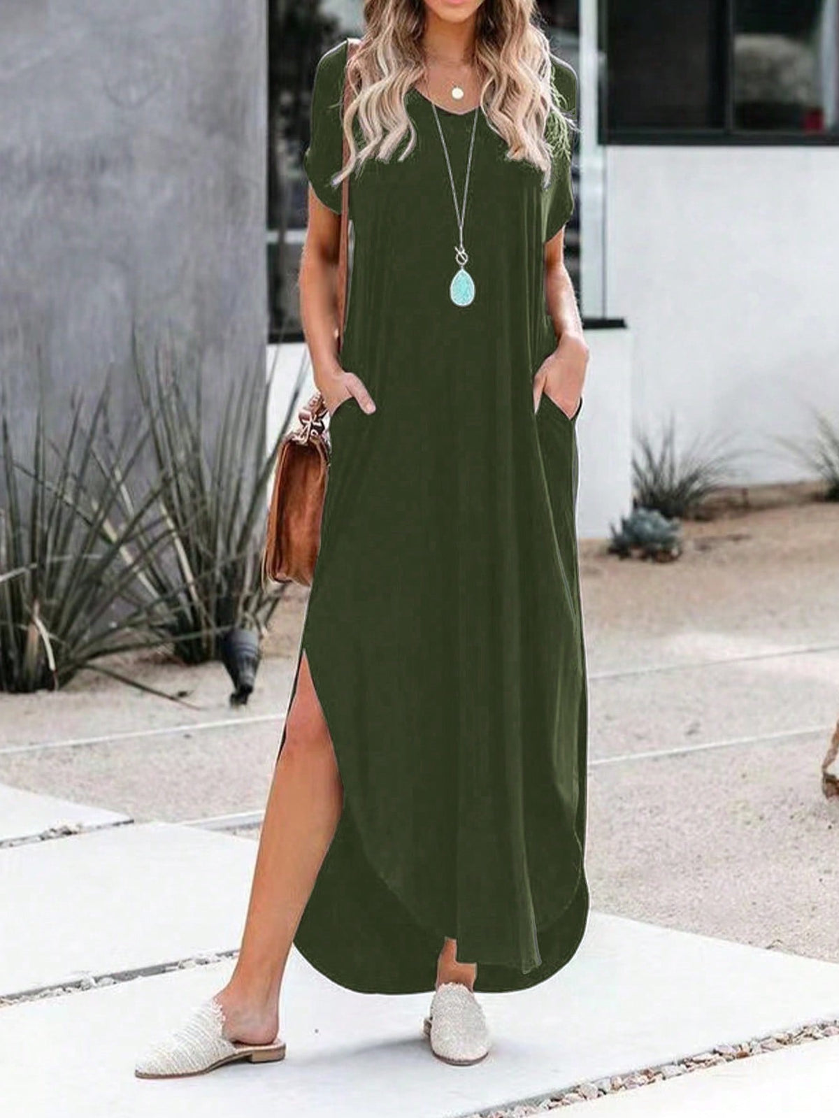 Abito A Due Pezzi Solido Con Scollo A V, Maniche Corte E Gonna Con Spacco Per Donne