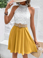 Elegante vestito a collo Halter in pizzo a colori contrastanti con patchwork per le vacanze