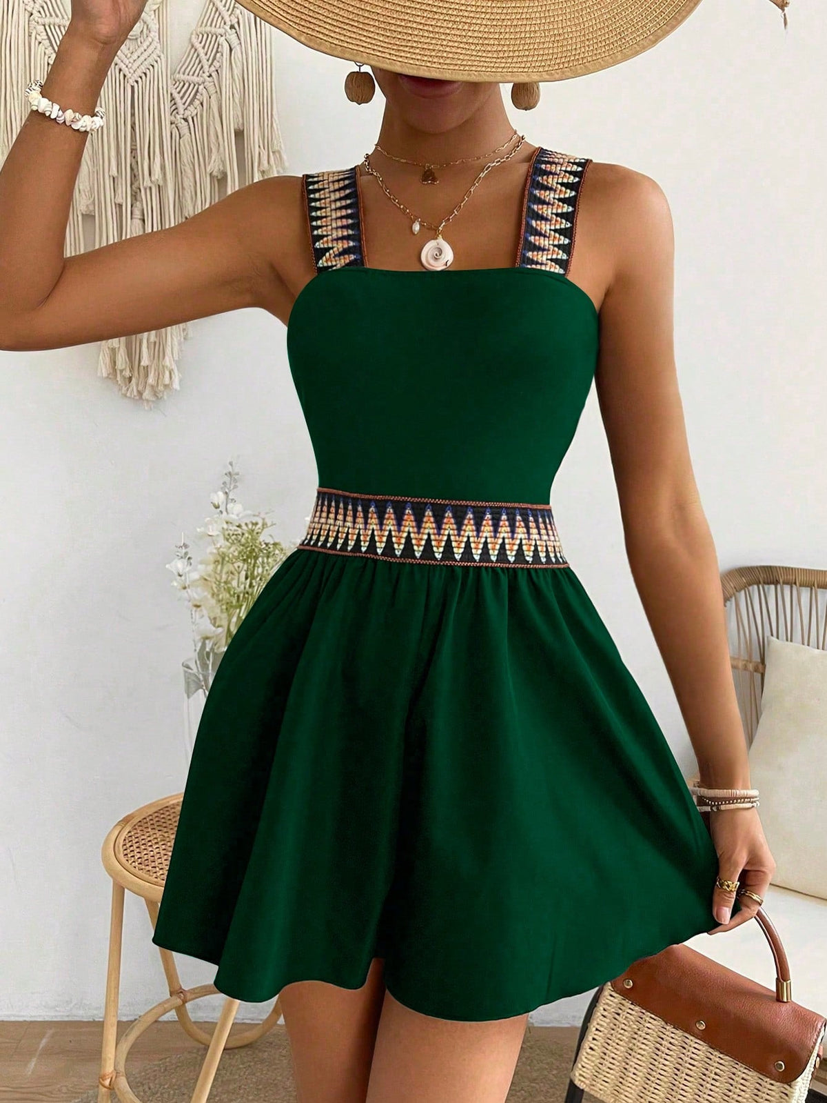 Salopette In Patchwork Geometrico Jacquard Con Fascia Elastica In Vita