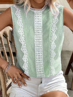 Blusa senza maniche a collo tondo in pizzo a righe patchwork