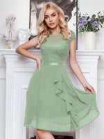 Abito cocktail svasato pizzo floreale corpetto con bordo a volant festa